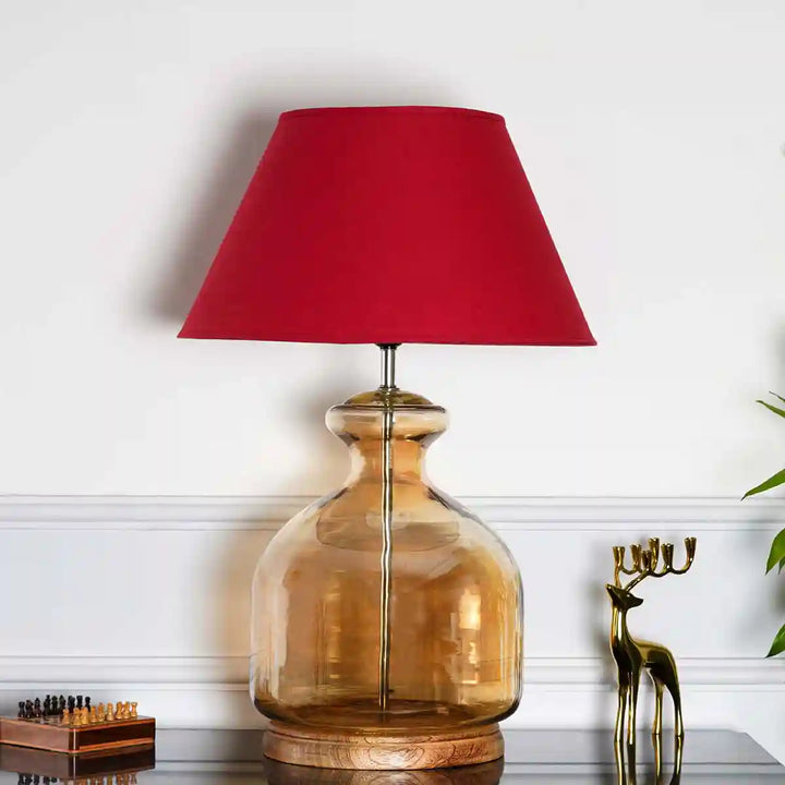 Alper Amber Luster Glass Table Lamp With Maroon Cotton Shade