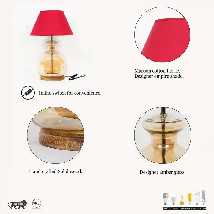 Alper Amber Luster Glass Table Lamp With Maroon Cotton Shade