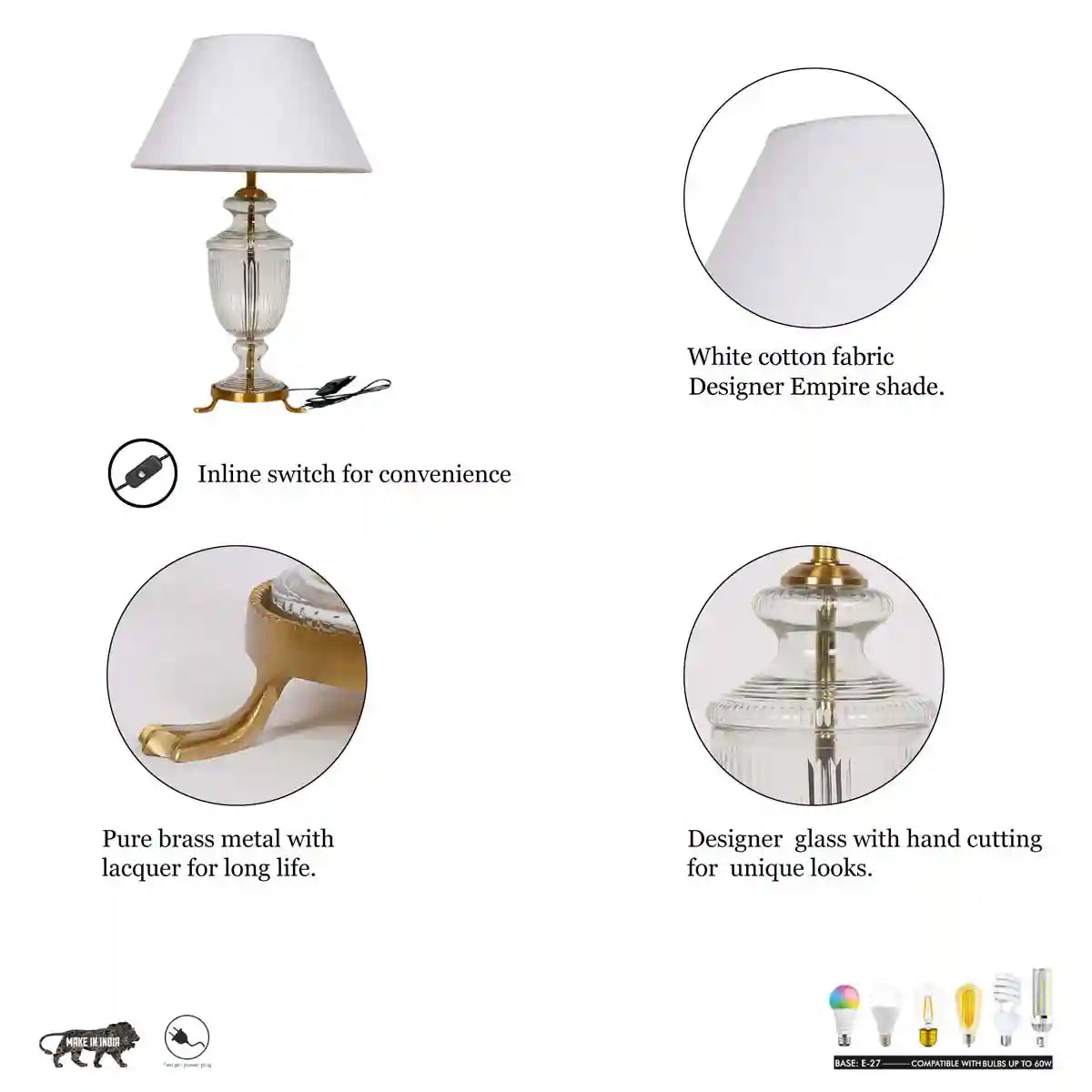 OLEANA hand cut glass and brass casted base Table Lamp With Off White Cotton Shade