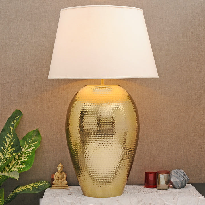 RICKFORD Hammered Pattern Huge Size Brass Table Lamp With Cotton Shade