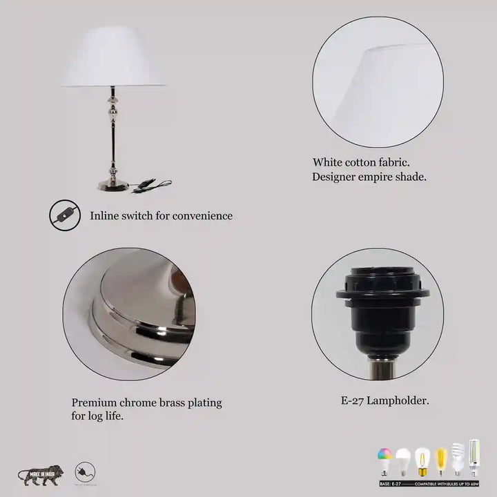Evelyn Chrome Metal Table Lamp With Cotton White Shade