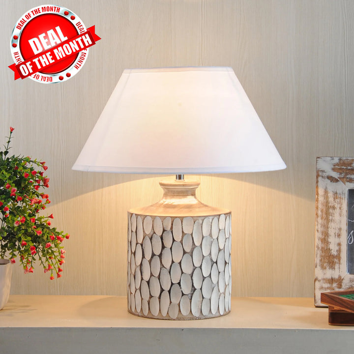 Garlen natural carved wood table lamp With White Cotton Shade