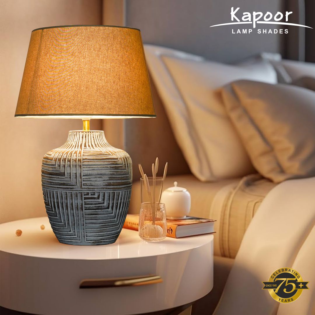 CUMBERLAND natural carved wood table lamp With Beige Cotton Shade