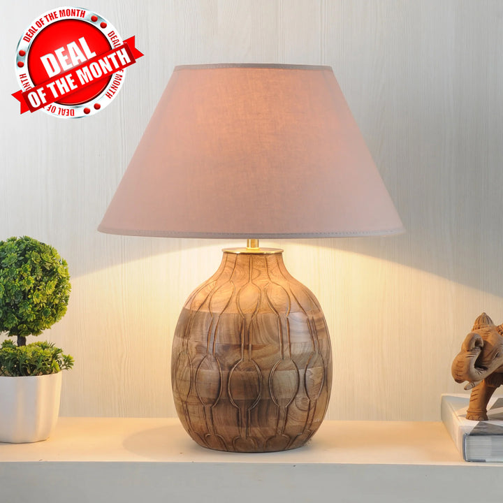 Samsula natural carved wood table lamp With Beige Cotton Fabric Shade
