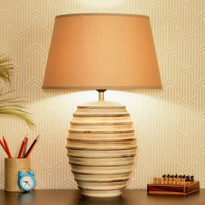 PAOLA natural carved wood table lamp With Beige Cotton Shade