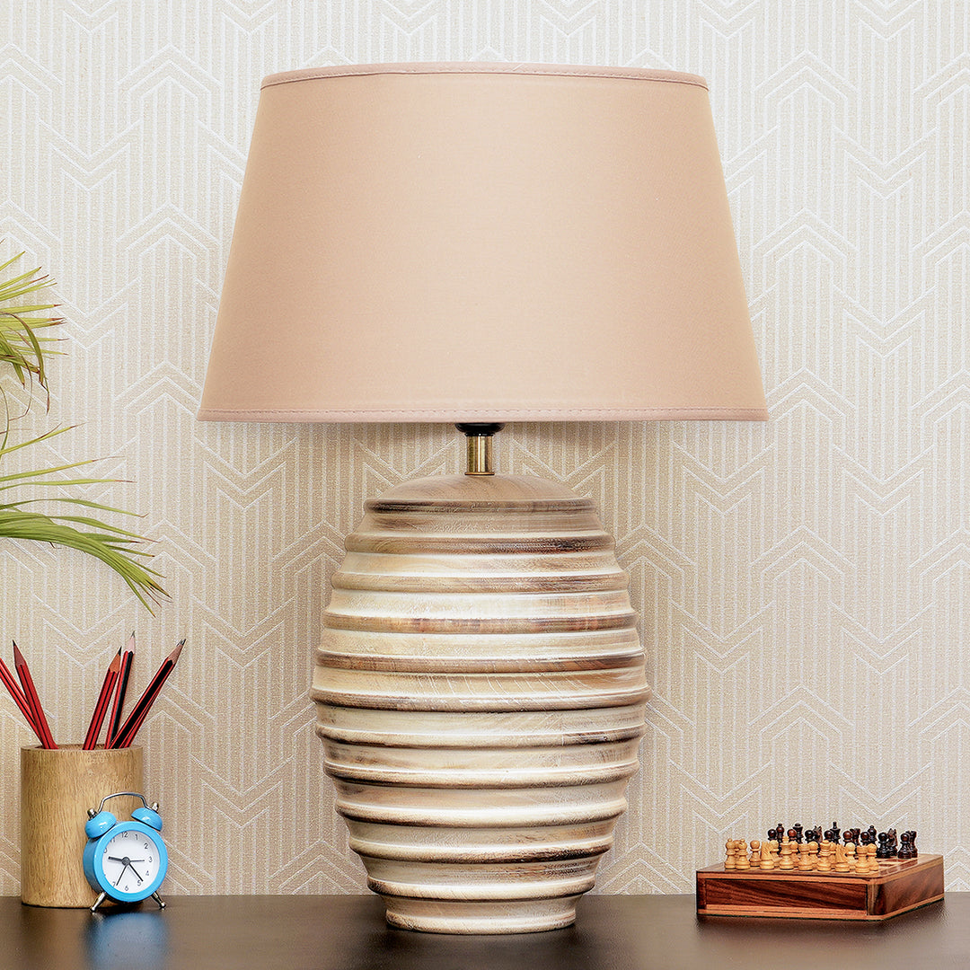 PAOLA natural carved wood table lamp With Beige Cotton Shade