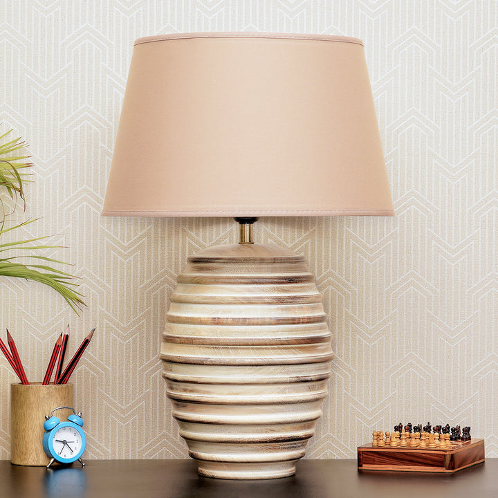 PAOLA natural carved wood table lamp With Beige Cotton Shade