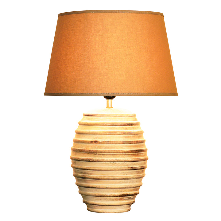 PAOLA natural carved wood table lamp With Beige Cotton Shade