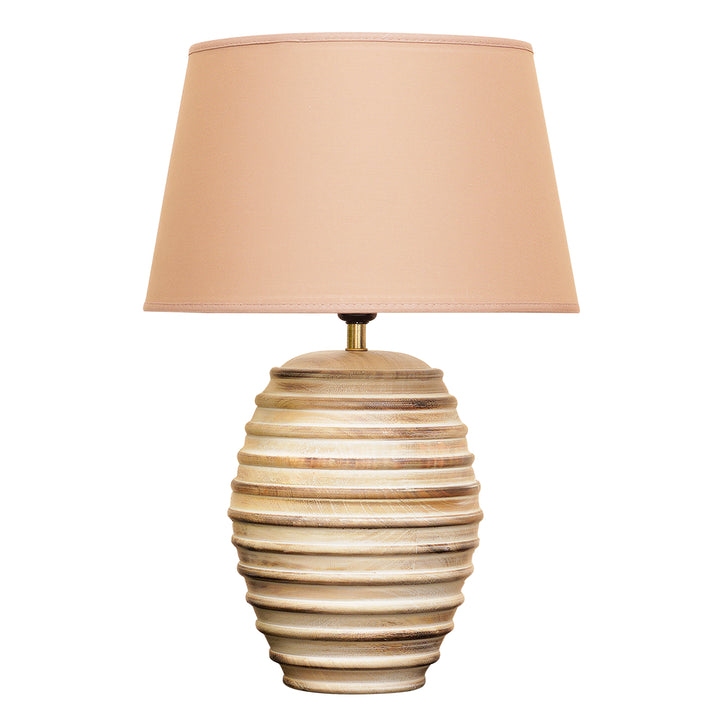 PAOLA natural carved wood table lamp With Beige Cotton Shade