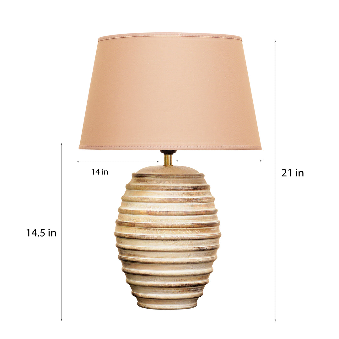 PAOLA natural carved wood table lamp With Beige Cotton Shade
