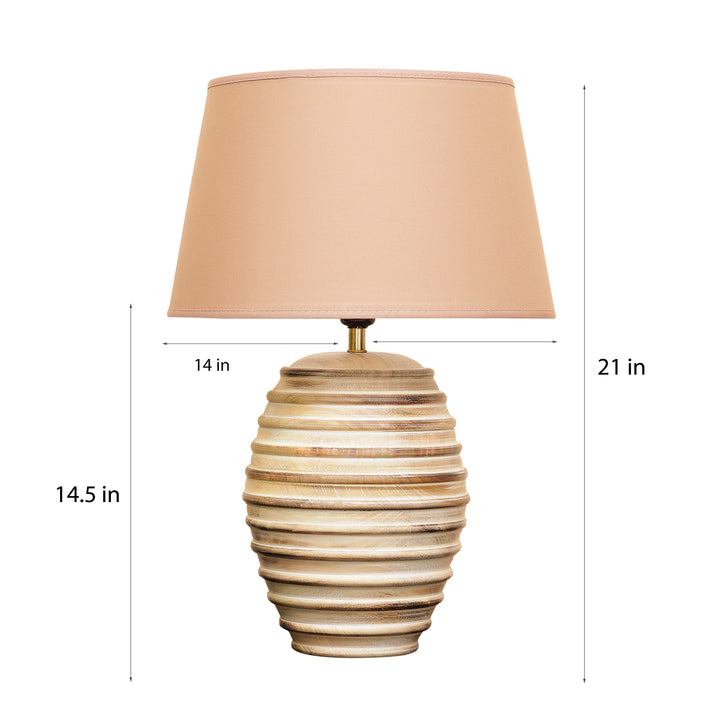 PAOLA natural carved wood table lamp With Beige Cotton Shade