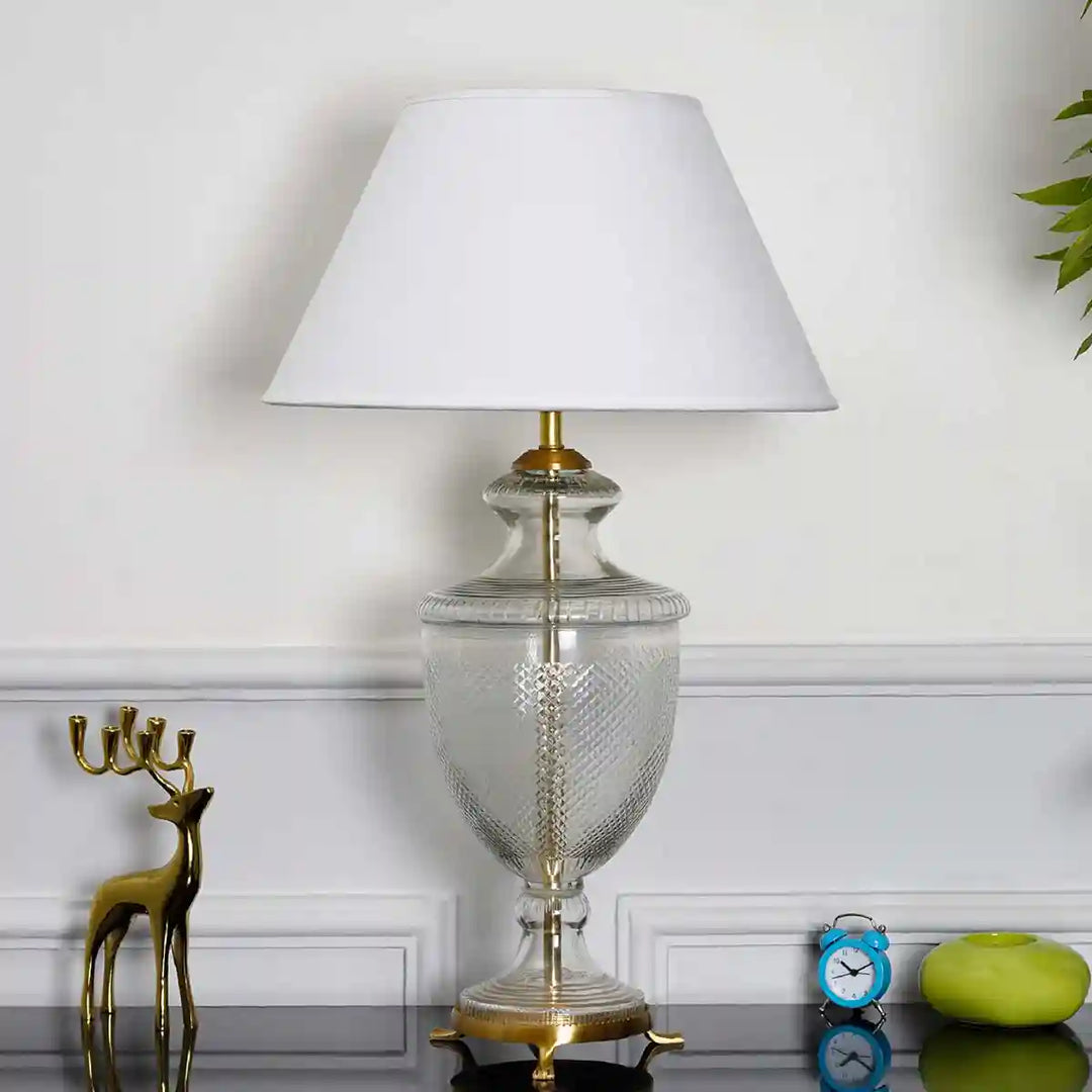 Moffat Chrome And Clear Glass Table Lamp With White Cotton Shade