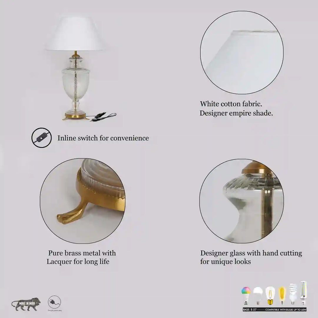 Moffat Chrome And Clear Glass Table Lamp With White Cotton Shade