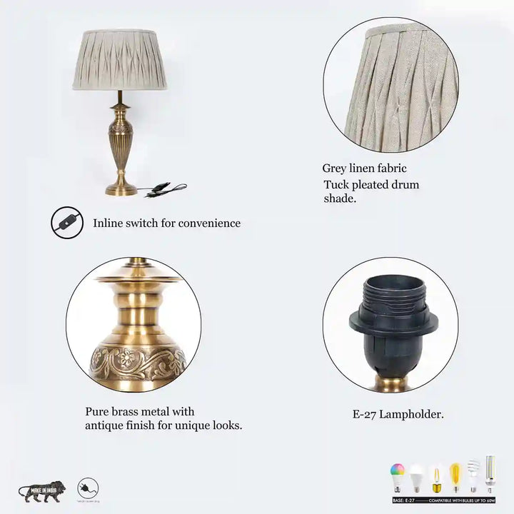 Ingleby Antique Brass Table Lamp With Linen Grey Shade