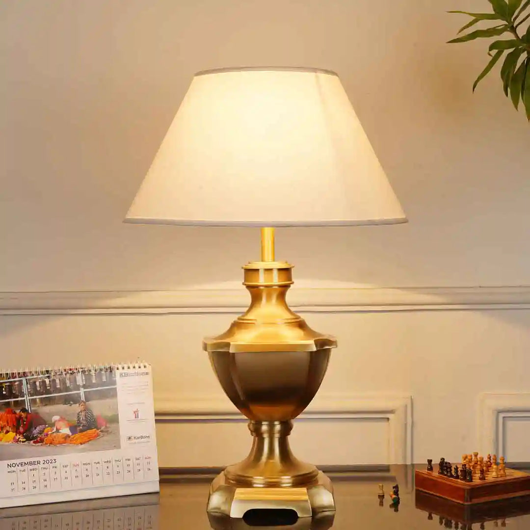 PYRAMID Brass Table Lamp With White Cotton Shade – KAPOOR-E ...