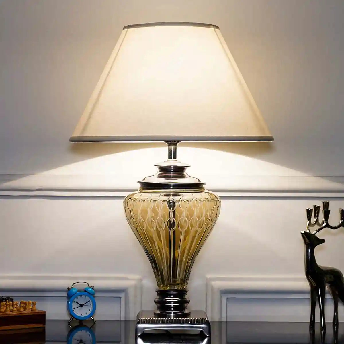 MILLETT Fusion Smoke Glass Table Lamp With White Cotton Shade – KAPOOR ...