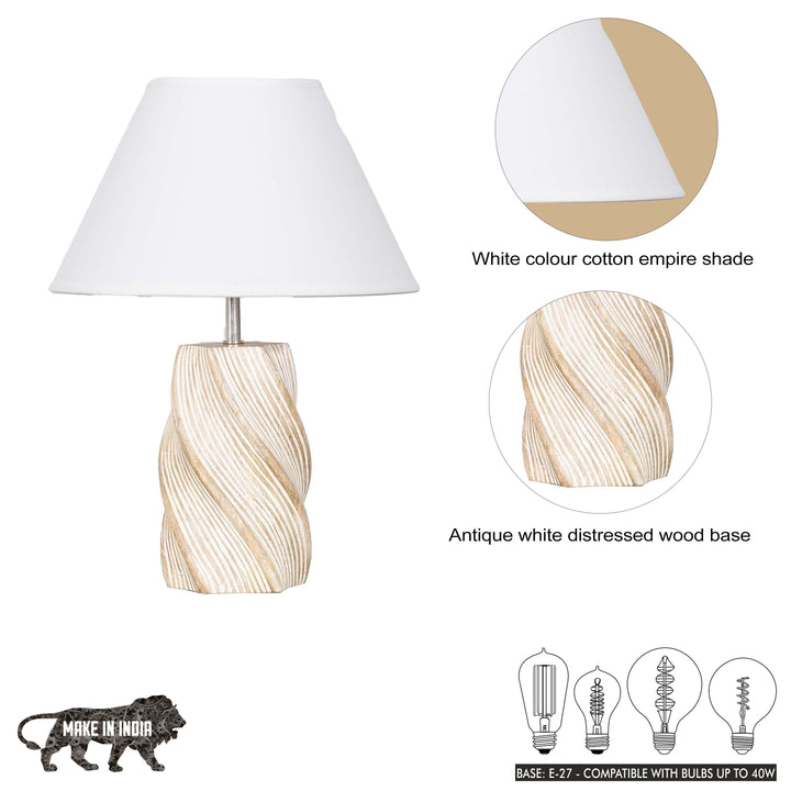 BURFORD Small Distress White Finish  Wood Table Lamp With Cotton Shade