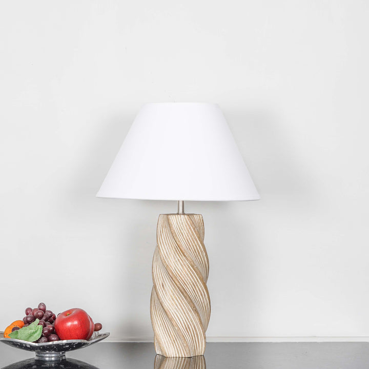 BURFORD  Distress White Finish  Wood Table Lamp With Beige Cotton Shade