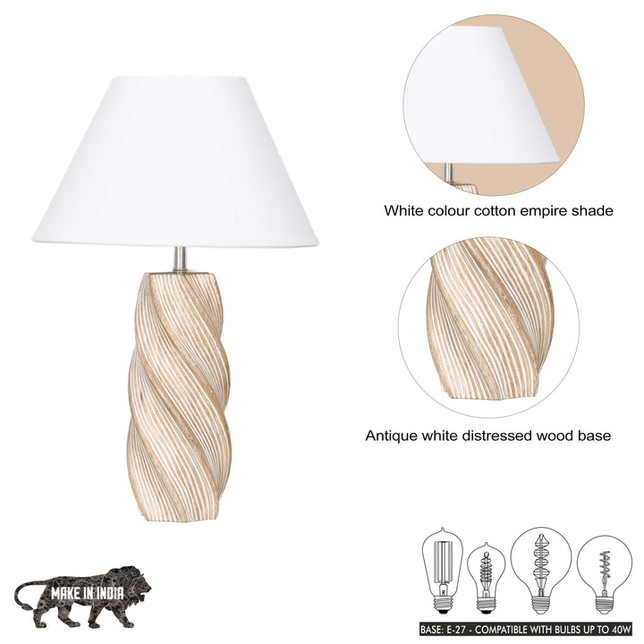 BURFORD  Distress White Finish  Wood Table Lamp With Beige Cotton Shade