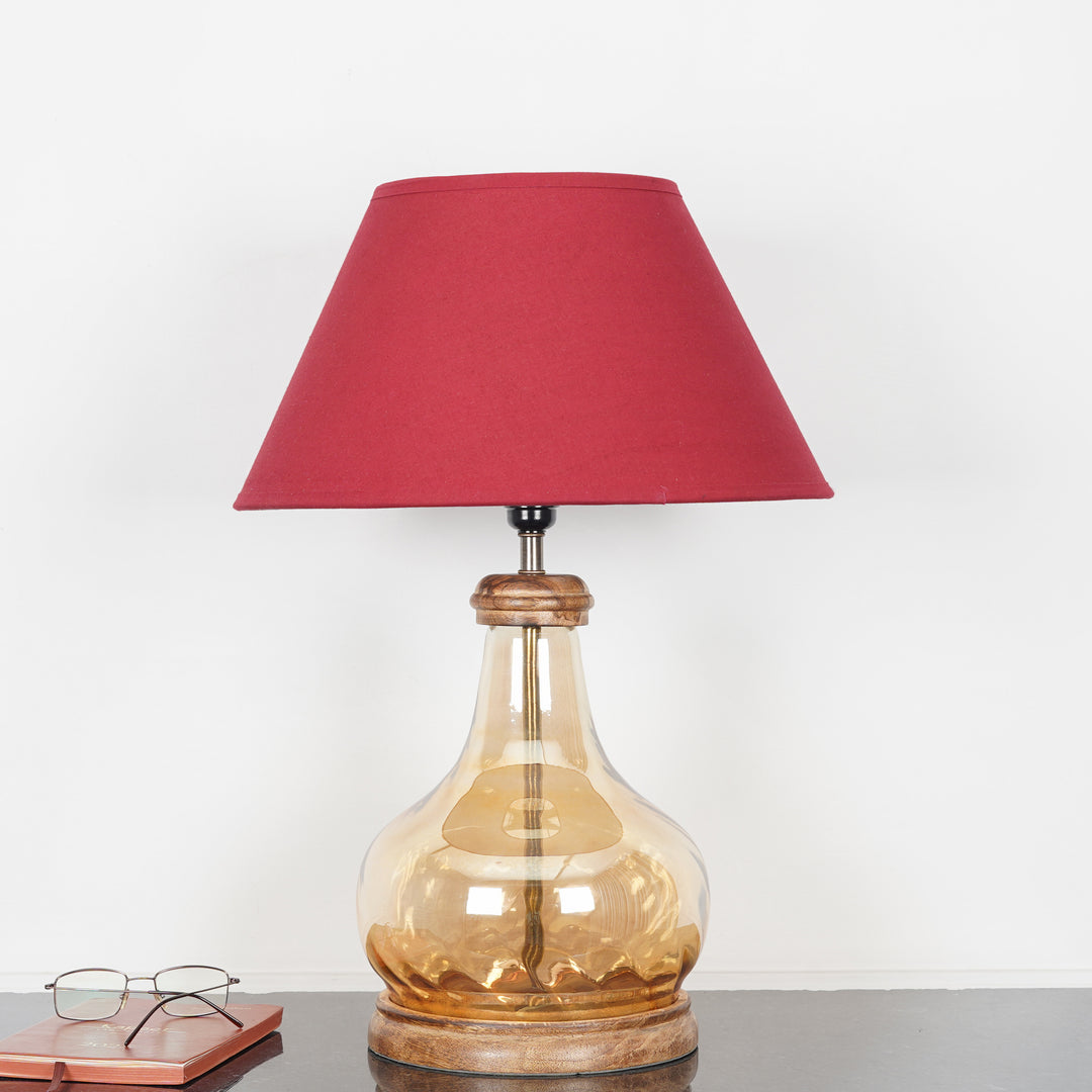 AYANA Brown Finish Wood And Amber  Glass Table Lamp With Beige Cotton Shade