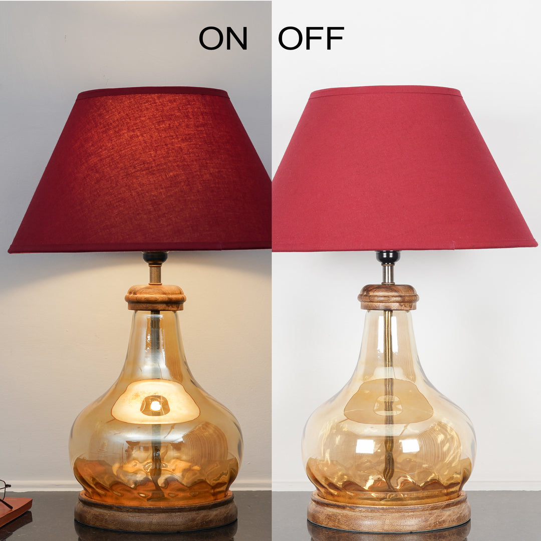 AYANA Brown Finish Wood And Amber  Glass Table Lamp With Beige Cotton Shade