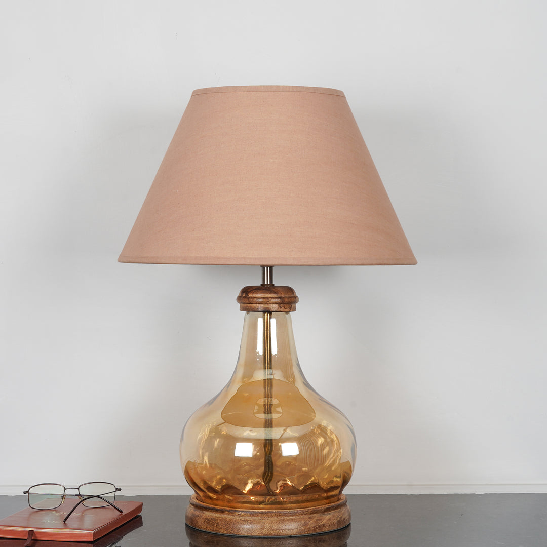AYANA Brown Finish Wood And Amber  Glass Table Lamp With Beige Cotton Shade