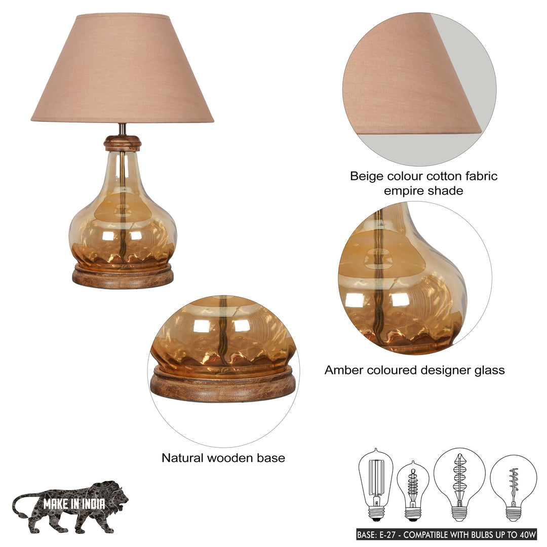 AYANA Brown Finish Wood And Amber  Glass Table Lamp With Beige Cotton Shade