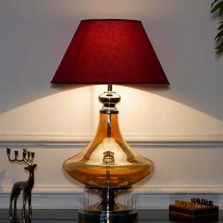 Moffat Chrome And Amber Glass Table Lamp With Maroon Cotton Shade