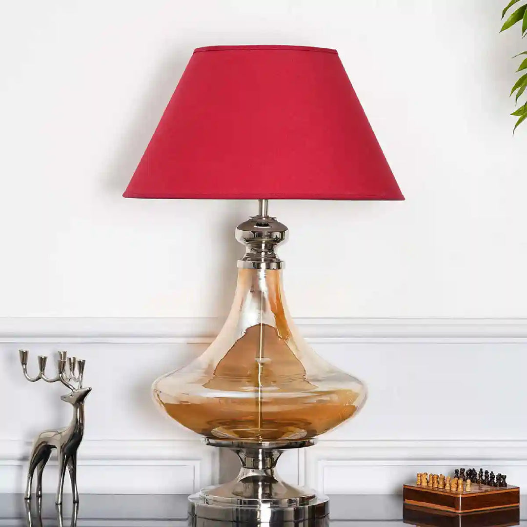 Moffat Chrome And Amber Glass Table Lamp With Maroon Cotton Shade