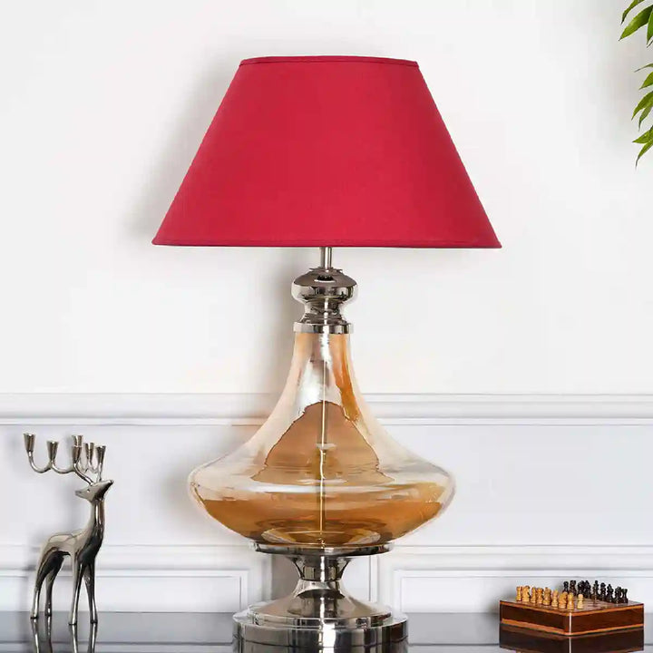 Moffat Chrome And Amber Glass Table Lamp With Maroon Cotton Shade