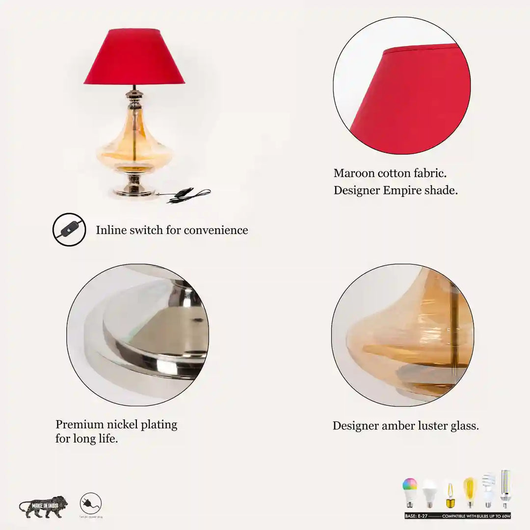 Moffat Chrome And Amber Glass Table Lamp With Maroon Cotton Shade