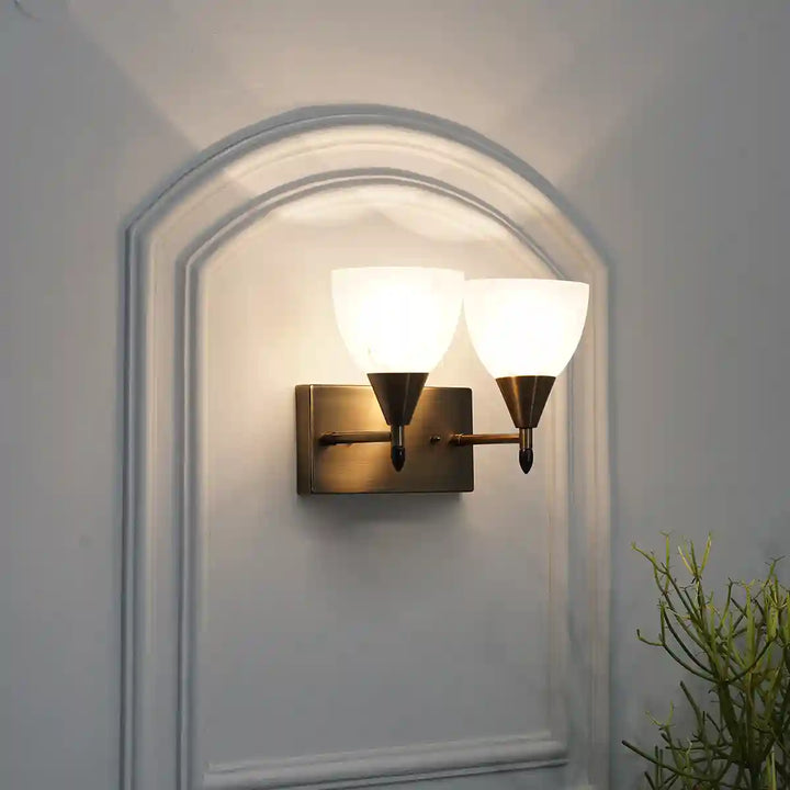 Minimal 2 Light Metal Antique Brass Finish Wall Light With Frosted White Glass
