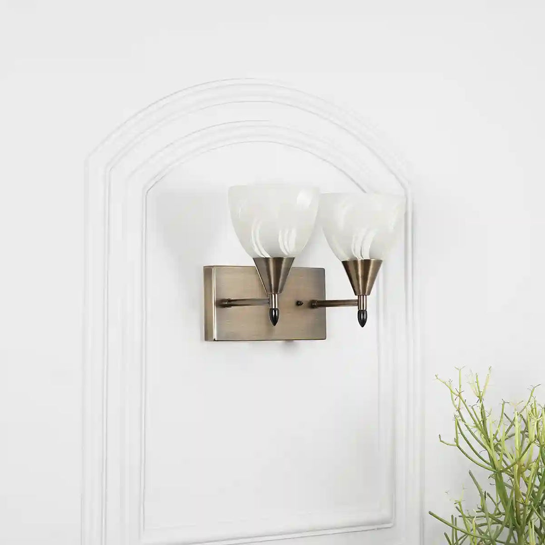 Minimal 2 Light Metal Antique Brass Finish Wall Light With Frosted White Glass