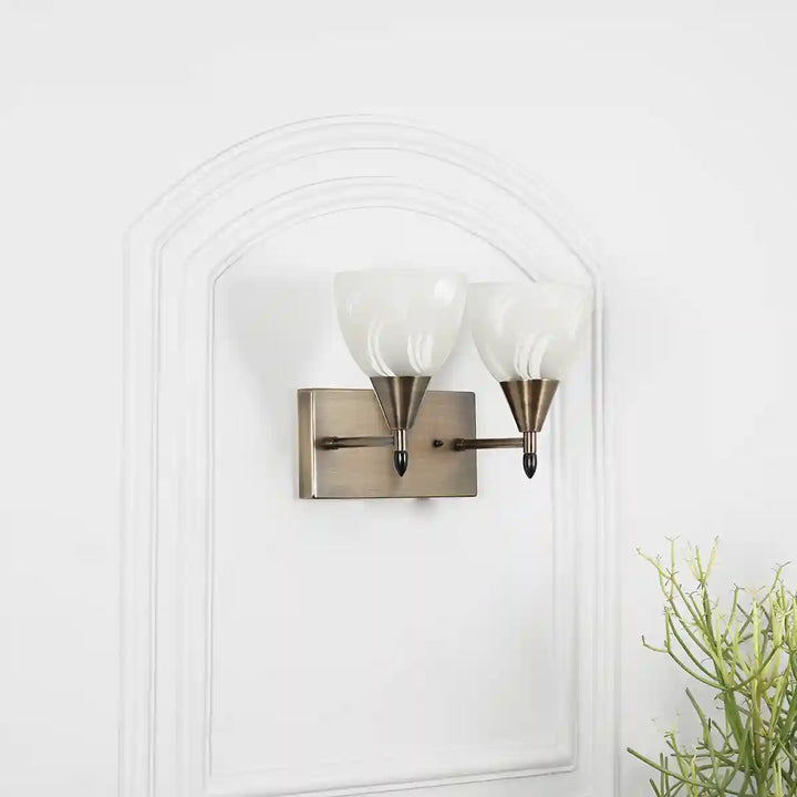 Minimal 2 Light Metal Antique Brass Finish Wall Light With Frosted White Glass
