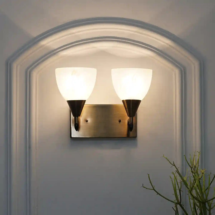 Minimal 2 Light Metal Antique Brass Finish Wall Light With Frosted White Glass