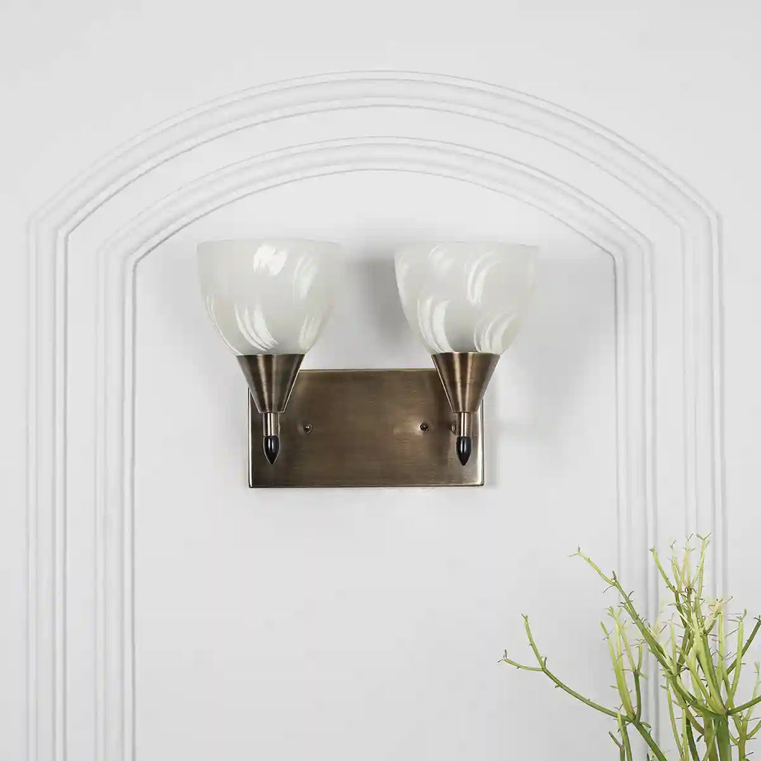 Minimal 2 Light Metal Antique Brass Finish Wall Light With Frosted White Glass