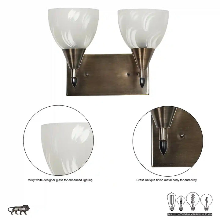 Minimal 2 Light Metal Antique Brass Finish Wall Light With Frosted White Glass