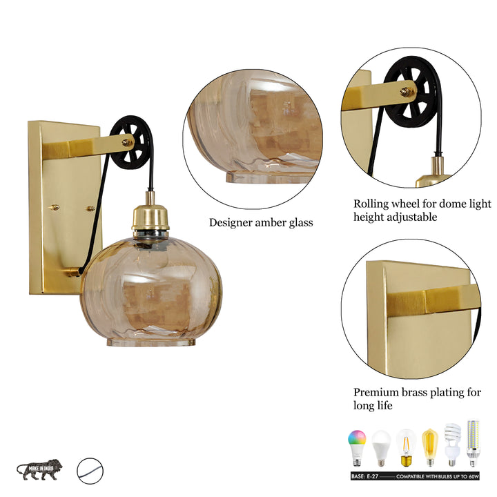 AMBRE Single Light Wall Light In Amber & Brass Finish