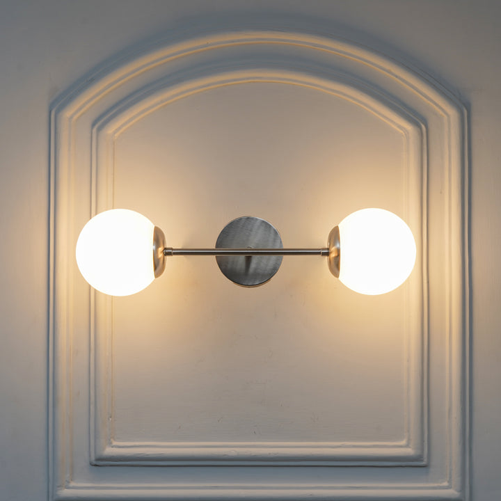 BALTS Twin Wall Mirror Light in Shine Brass Finish with Opal Glass Globe Shades