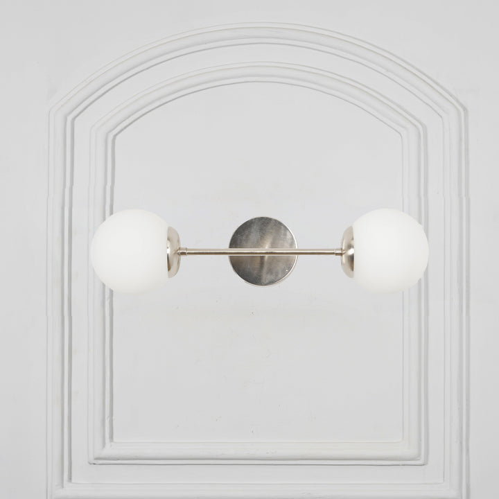 BALTS Twin Wall Mirror Light in Shine Brass Finish with Opal Glass Globe Shades