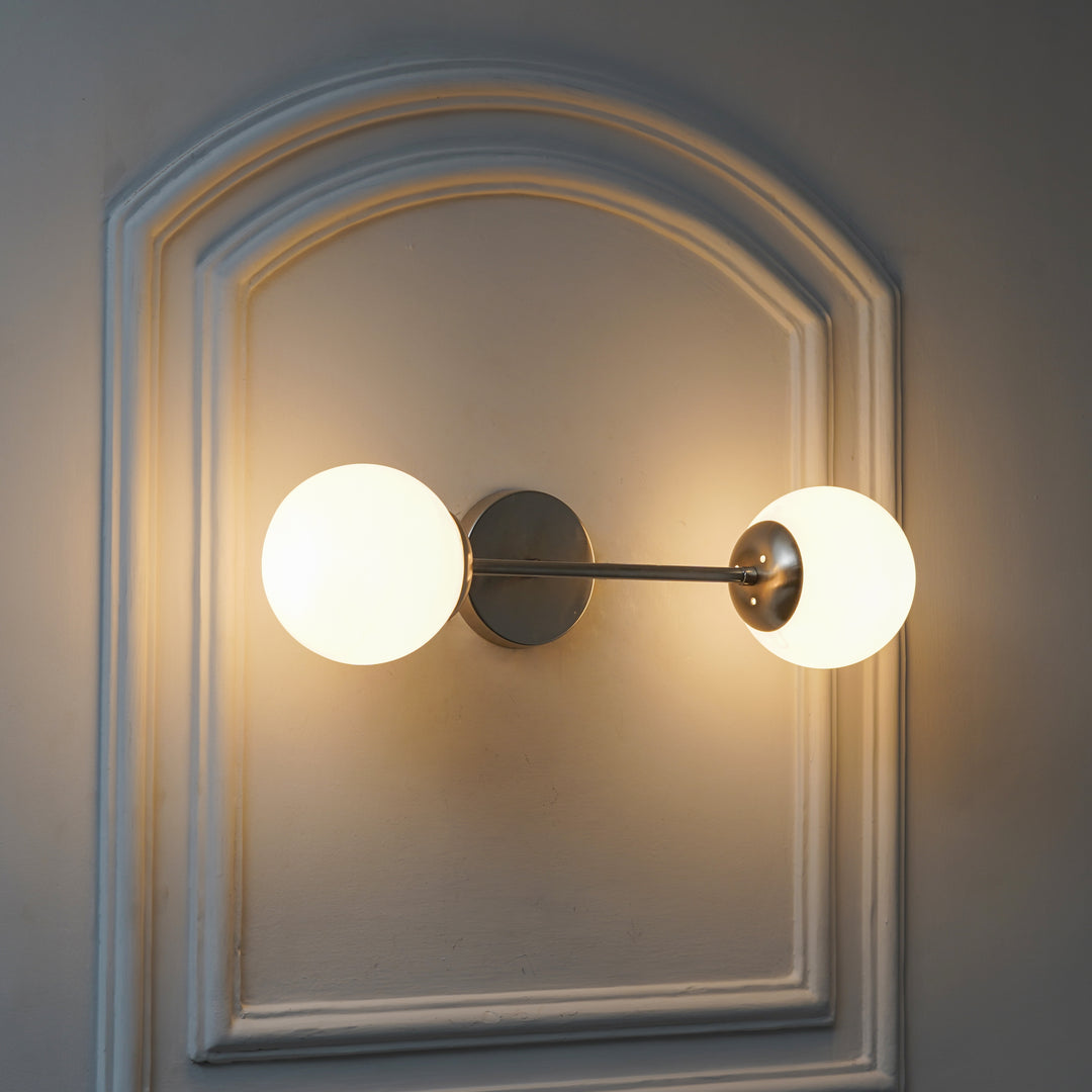 BALTS Twin Wall Mirror Light in Shine Brass Finish with Opal Glass Globe Shades