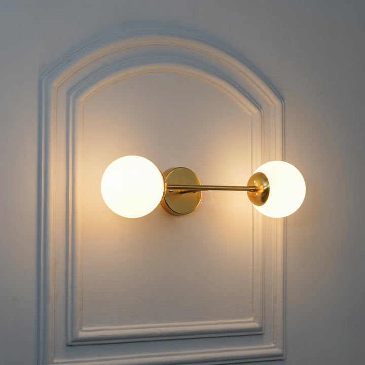 BALTS Twin Wall Mirror Light in Shine Brass Finish with Opal Glass Globe Shades