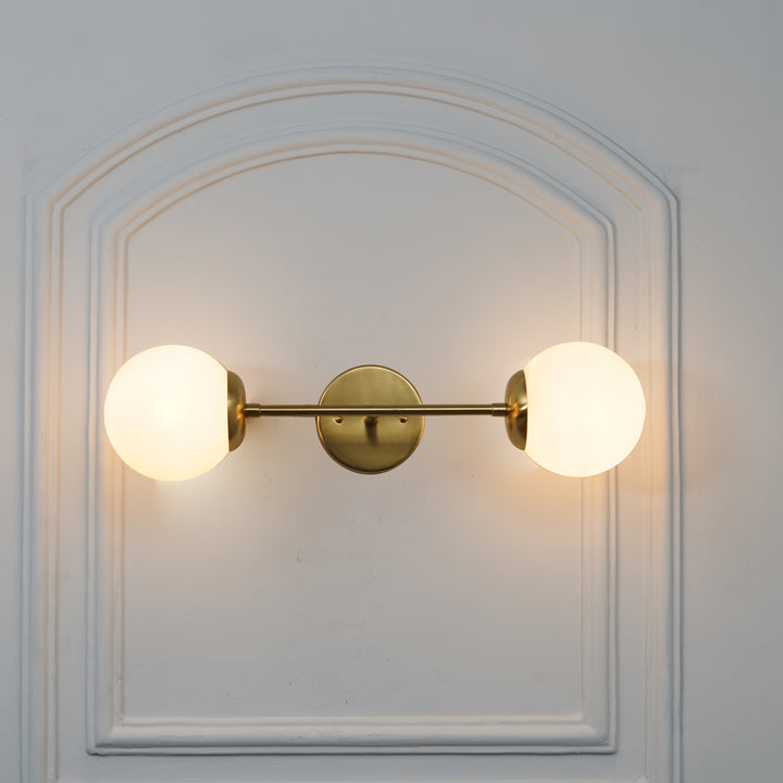 BALTS Twin Wall Mirror Light in Shine Brass Finish with Opal Glass Globe Shades