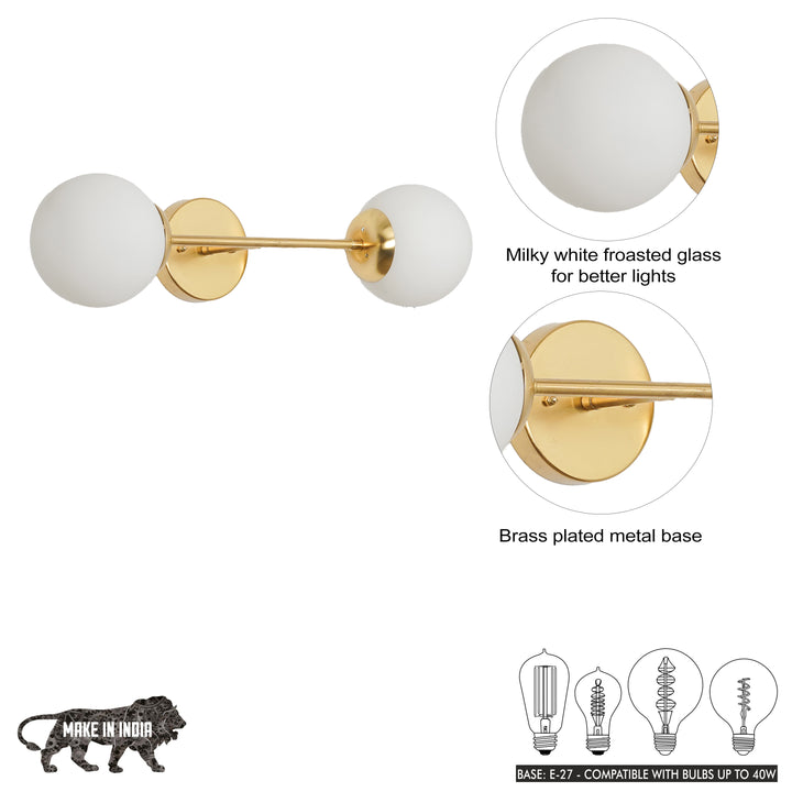 BALTS Twin Wall Mirror Light in Shine Brass Finish with Opal Glass Globe Shades