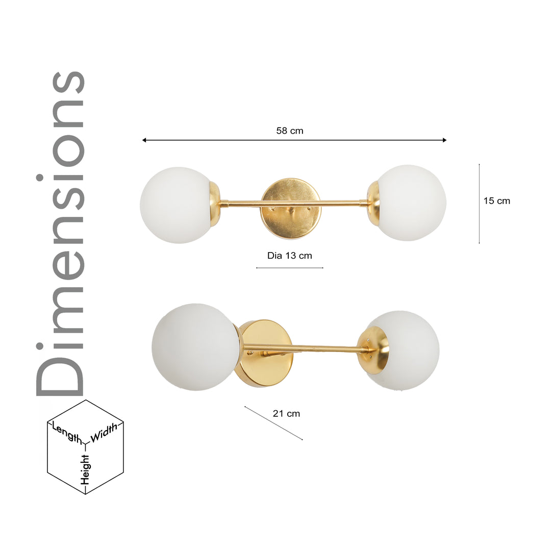 BALTS Twin Wall Mirror Light in Shine Brass Finish with Opal Glass Globe Shades