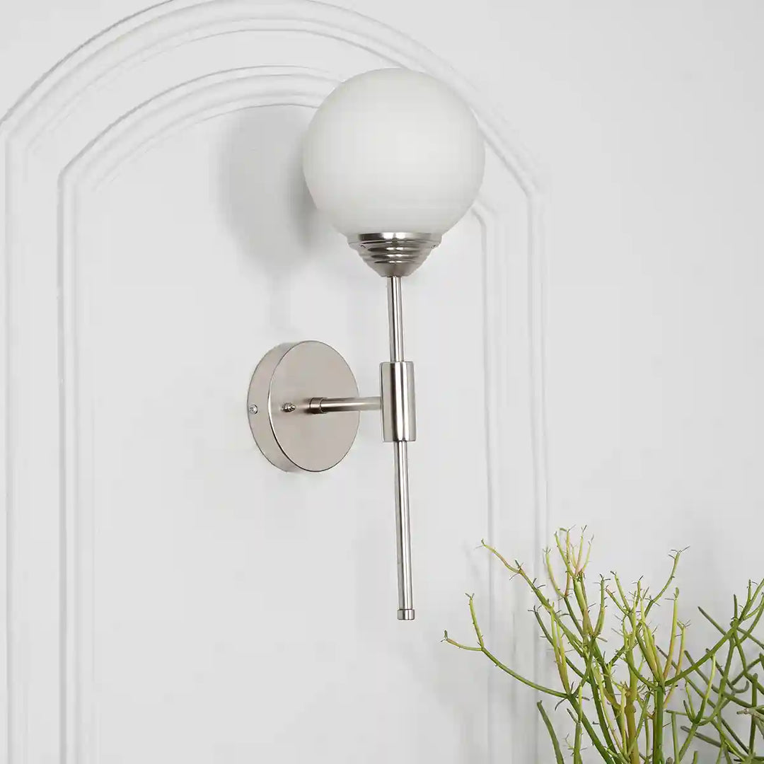 Togo Single Light Bathroom Wall Fitting In Nickel Finish with Opal Frosted White Glass