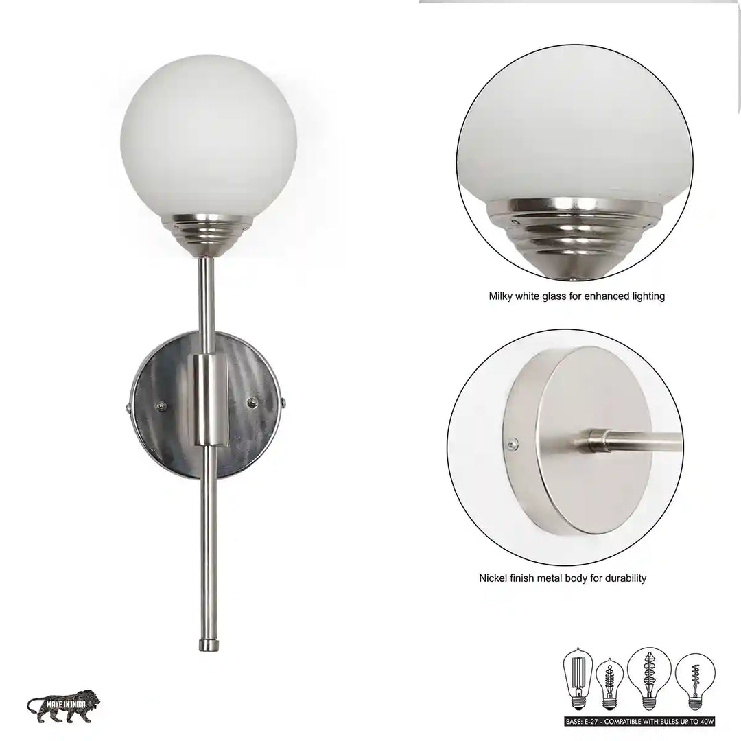 Togo Single Light Bathroom Wall Fitting In Nickel Finish with Opal Frosted White Glass