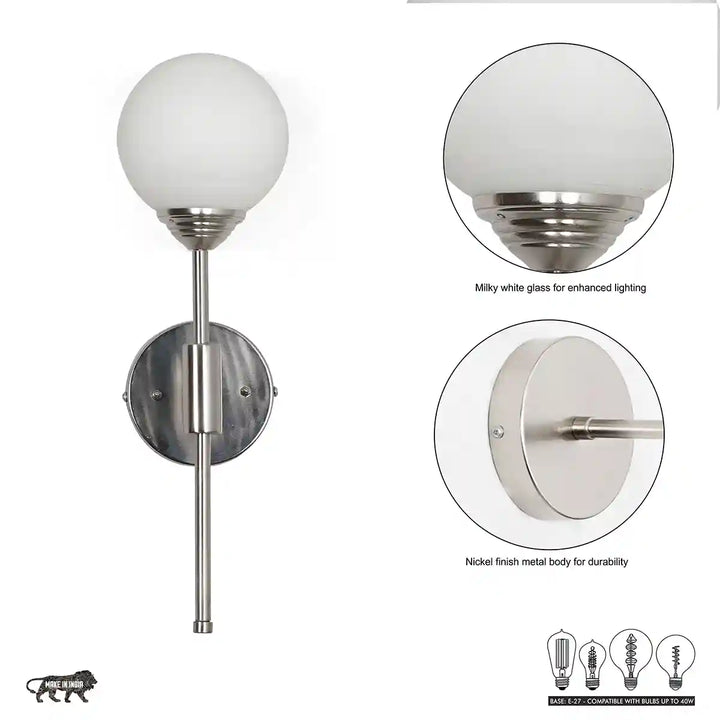 Togo Single Light Bathroom Wall Fitting In Nickel Finish with Opal Frosted White Glass