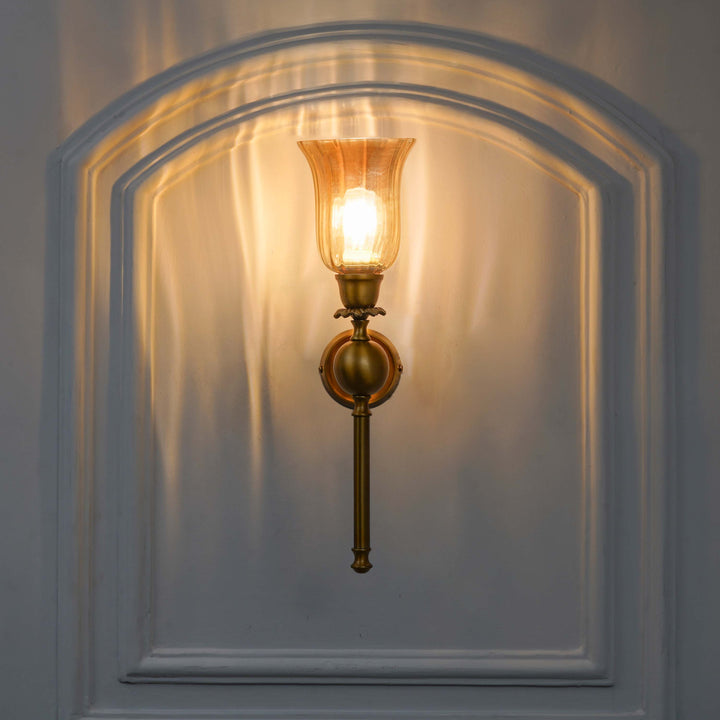ABBIE Single Light Wall Fitting In Antique Brass Finish Metal With Amber Glass
