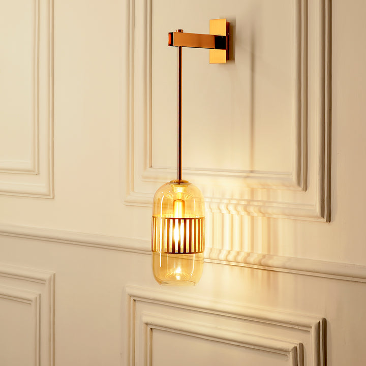 CARLSON Single Light Amber Glass and Antique Brass Finish Metal Wall Light